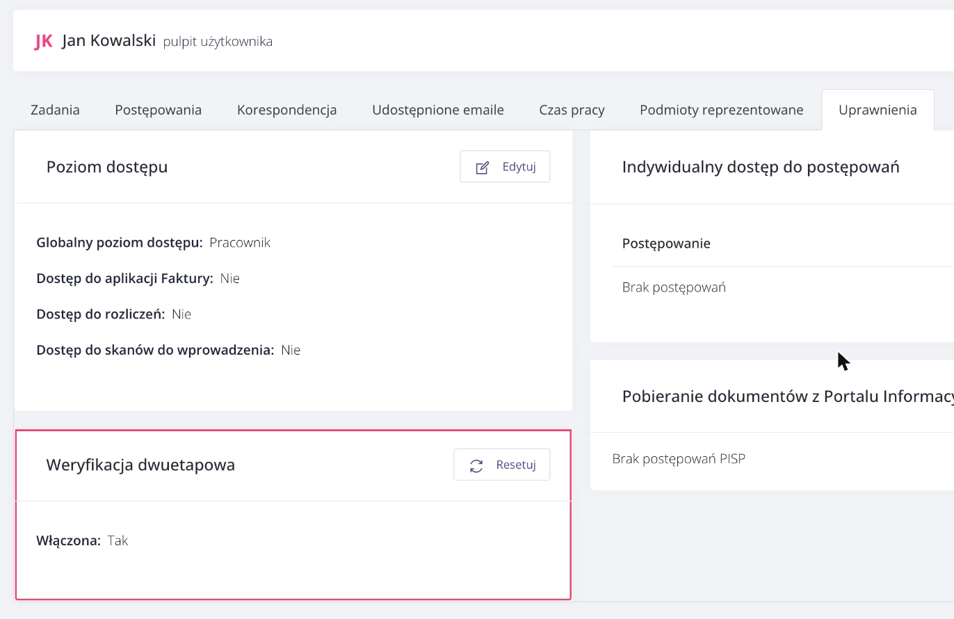 Infino Legal – pulpit użytkownika w zakładce „Uprawnienia” z sekcją „Weryfikacja dwuetapowa” i przyciskiem „Resetuj”.