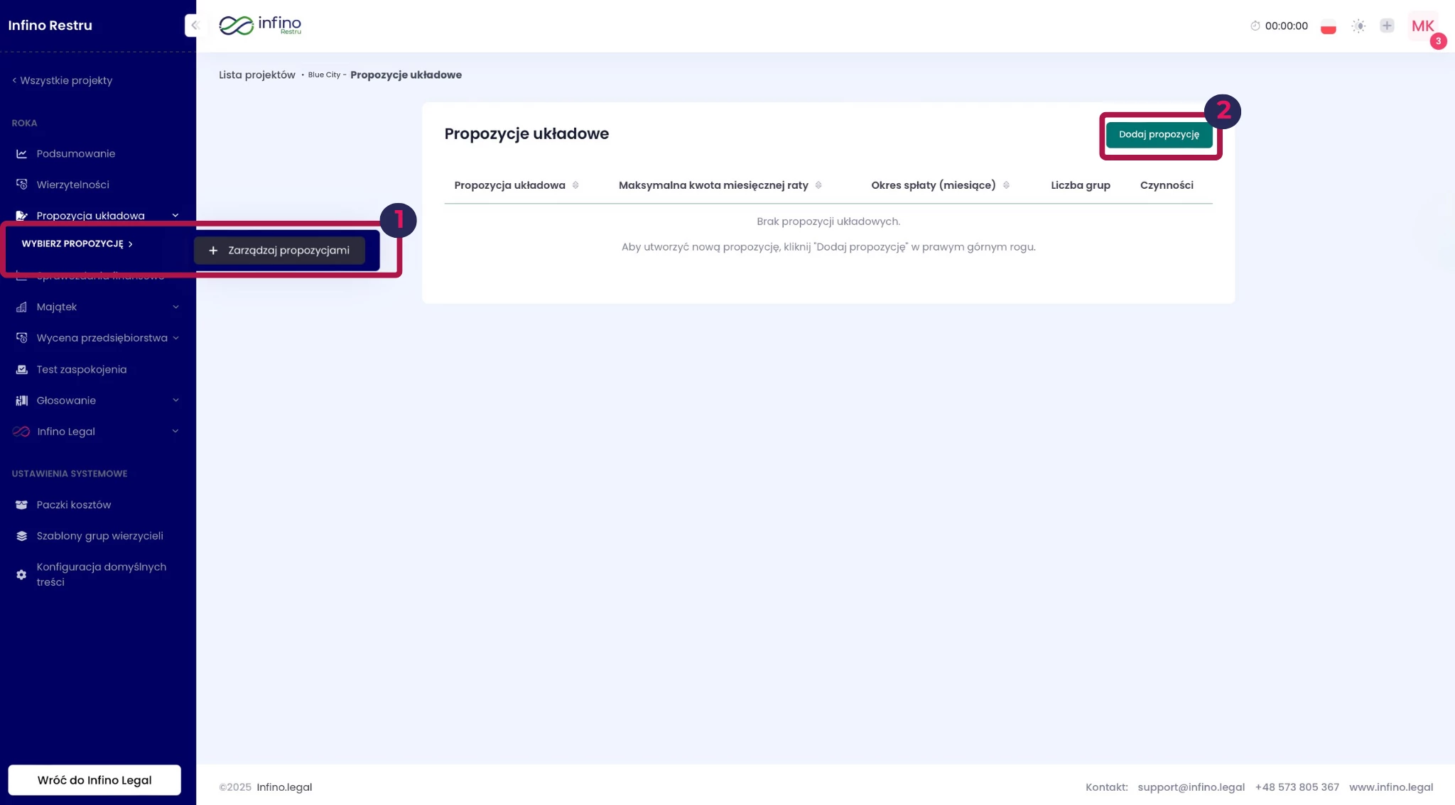 Ekran „Propozycje układowe” w Infino Restru – przycisk „Dodaj propozycję” i wejście do „Zarządzaj propozycjami”.