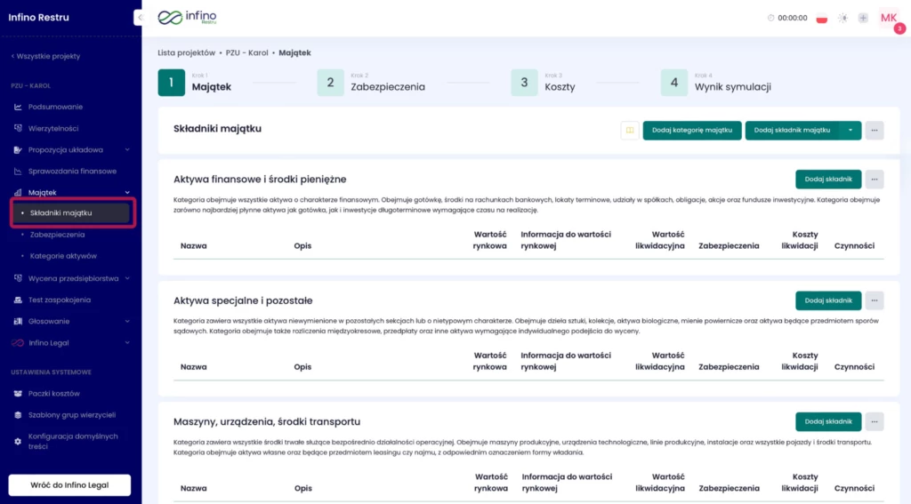 Zakładka Majątek → Składniki majątku w Infino Restru (lista i kategorie).