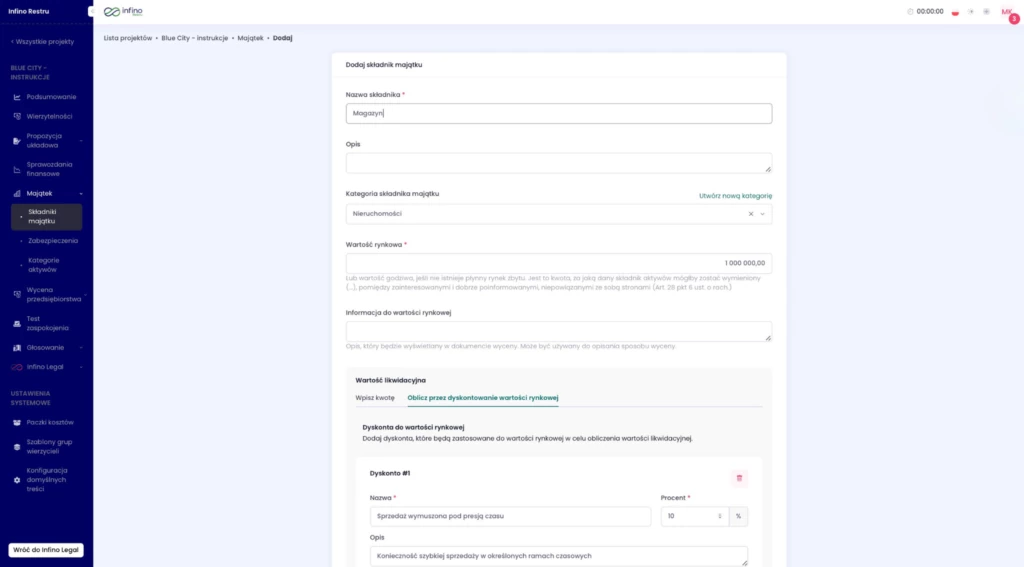 Formularz „Dodaj składnik majątku” w Infino Restru – nazwa, opis, kategoria, wartość rynkowa.