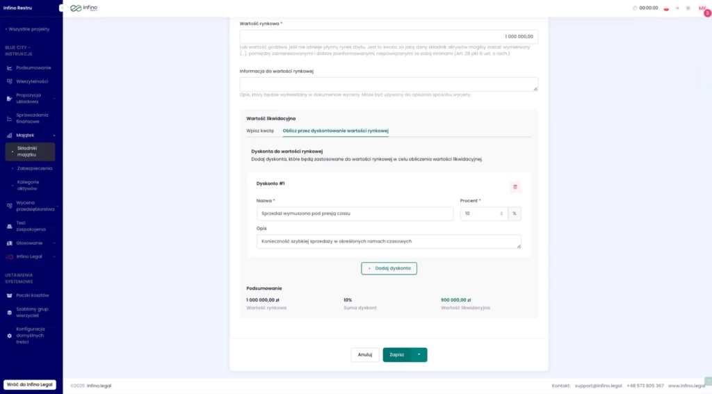 Ustalanie wartości likwidacyjnej składnika majątku w Infino Restru – dodawanie dyskonta i podsumowanie.