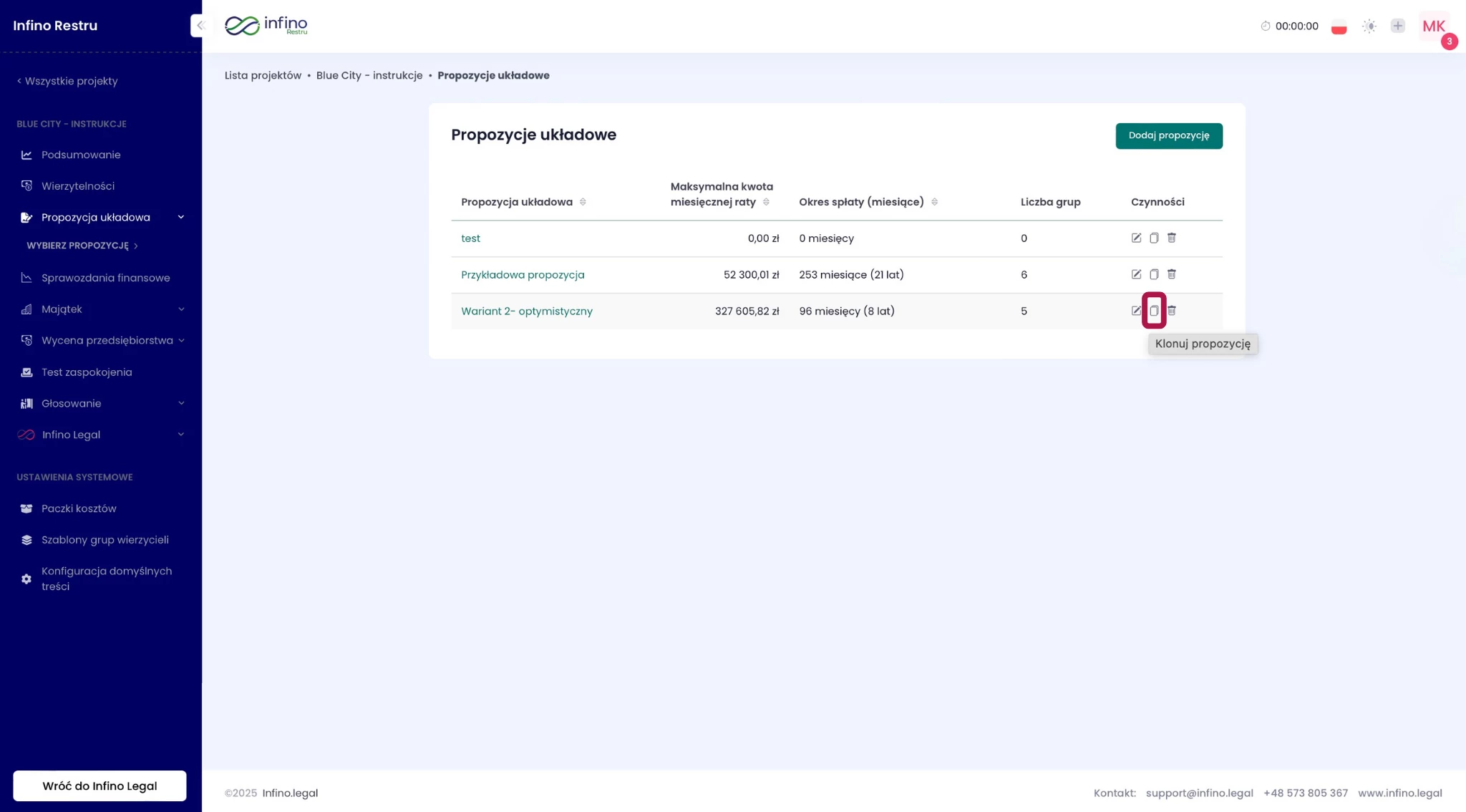 Lista propozycji układowych w Infino Restru – ikona kopiowania do sklonowania propozycji.