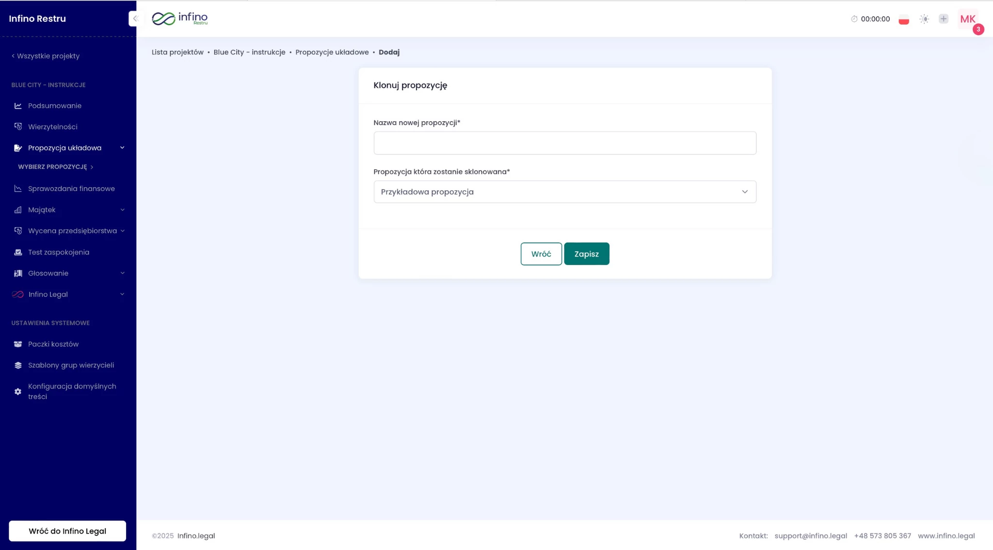 Okno „Klonuj propozycję” w Infino Restru – nadanie nazwy nowej propozycji i zapisanie kopii.