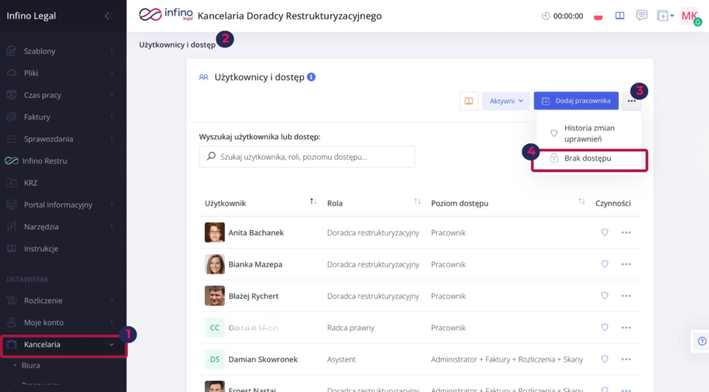 Infino Legal – ścieżka do zakładki „Brak dostępu” w ustawieniach: Kancelaria → Użytkownicy i dostęp → menu → Brak dostępu.