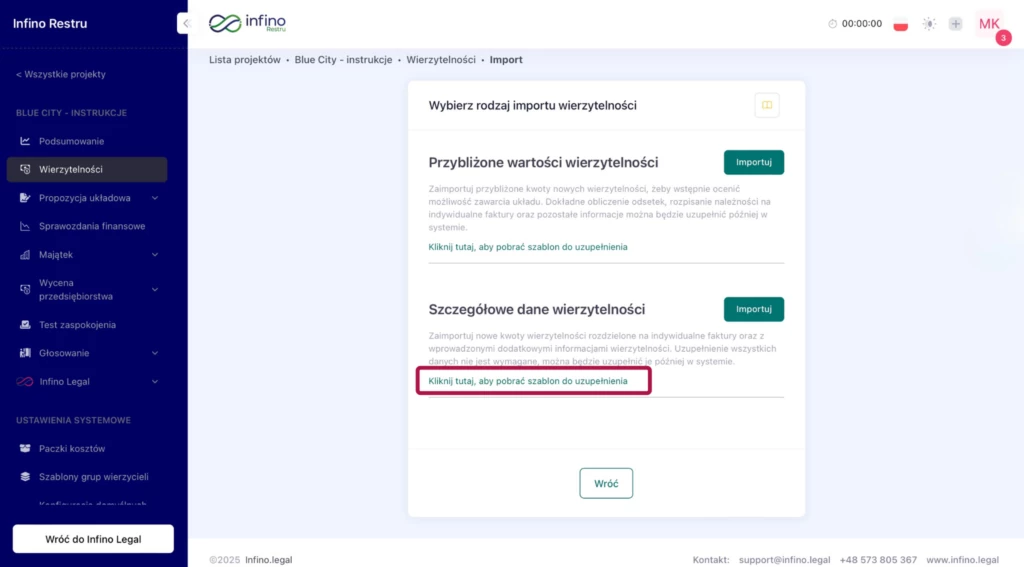 Wybór rodzaju importu wierzytelności w Infino Restru – opcja „Szczegółowe dane wierzytelności” oraz pobranie szablonu Excel.