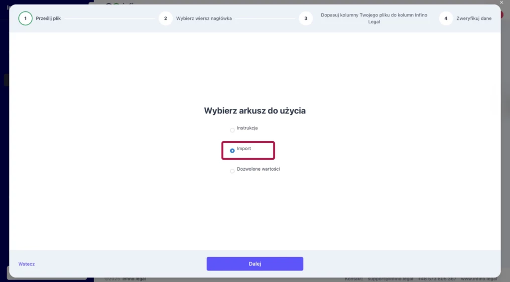 Importer wierzytelności w Infino Restru – wybór arkusza Excela do importu.