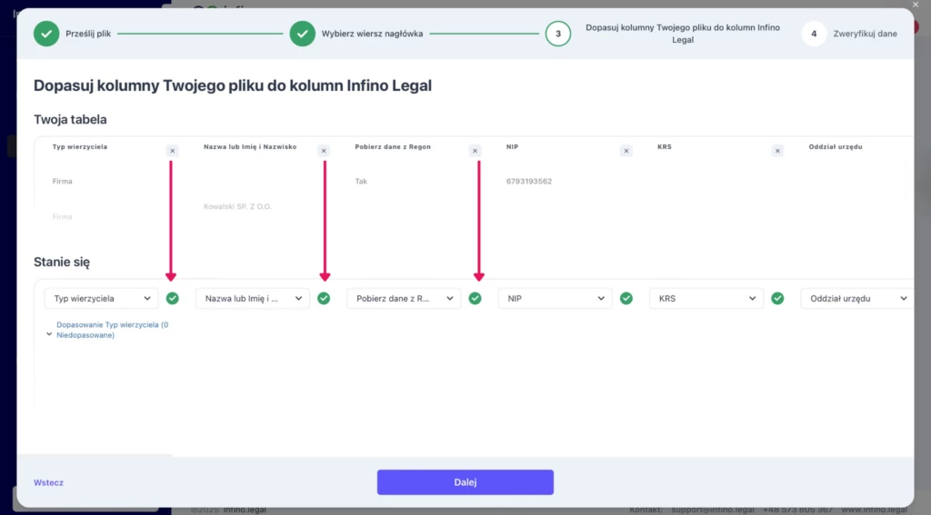 Importer wierzytelnościs̨ w Infino Restru – mapowanie kolumn z Excela do pól systemu (dopasowanie kolumn).