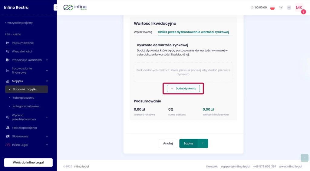 Edycja składnika majątku w Infino Restru – sekcja „Wartość likwidacyjna” i przycisk „Dodaj dyskonto” do wyliczenia wartości likwidacyjnej.