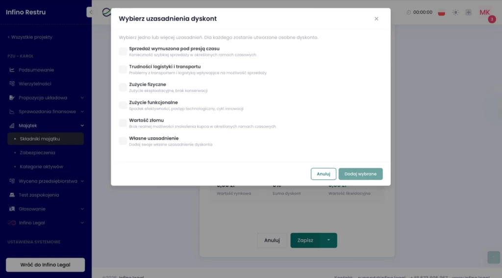 Okno wyboru uzasadnień dyskonta w Infino Restru – zaznaczenie przyczyn dyskonta i dodanie wybranych uzasadnień.