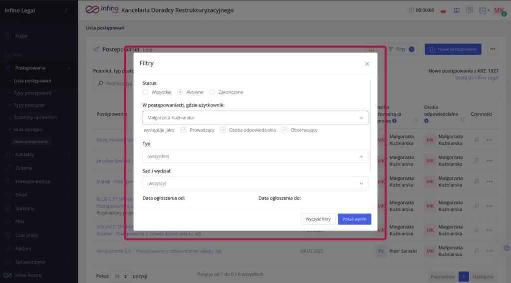 Infino Legal – okno „Filtry” na liście postępowań (np. status, typ, data utworzenia), które decyduje o zakresie eksportu do Excela.