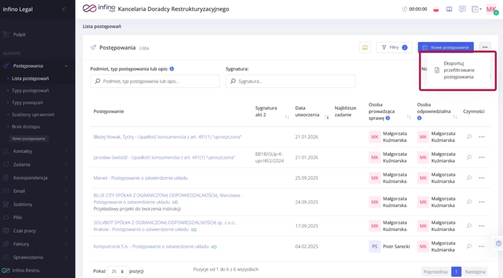 Infino Legal – lista postępowań z menu trzech kropek i opcją „Eksportuj widoczne postępowania” do pliku Excel.