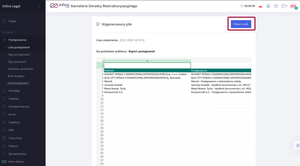 Infino Legal – ekran „Wygenerowany plik” z przyciskiem „Pobierz plik” po eksporcie listy postępowań do Excela.