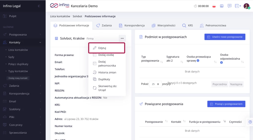 Karta kontaktu typu Firma w Infino Legal – menu trzech kropek z opcją „Edytuj”.