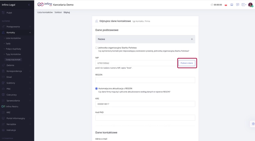 Edycja firmy w Infino Legal – przycisk „Pobierz dane” do ręcznego pobrania danych z REGON po NIP.