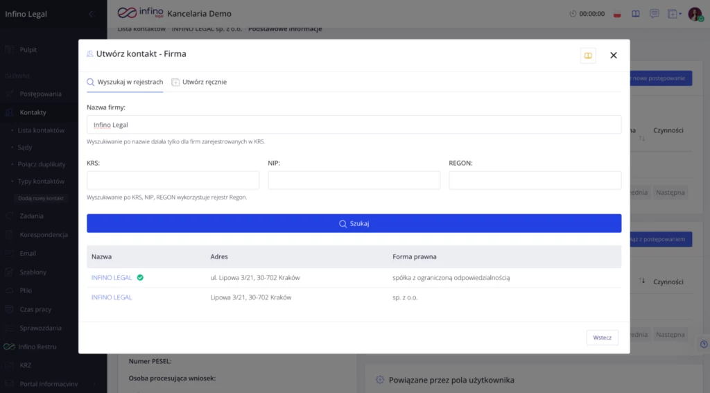 Dodawanie firmy w Infino Legal - zakładka 