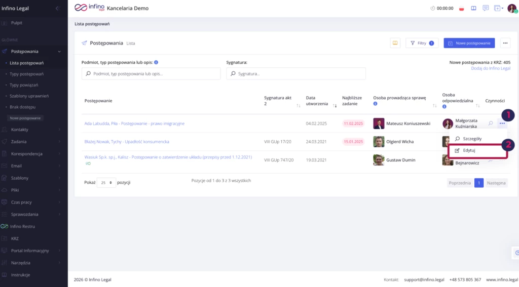 Infino Legal – lista postępowań z rozwiniętym menu trzech kropek i opcją „Edytuj” przy wybranym postępowaniu.