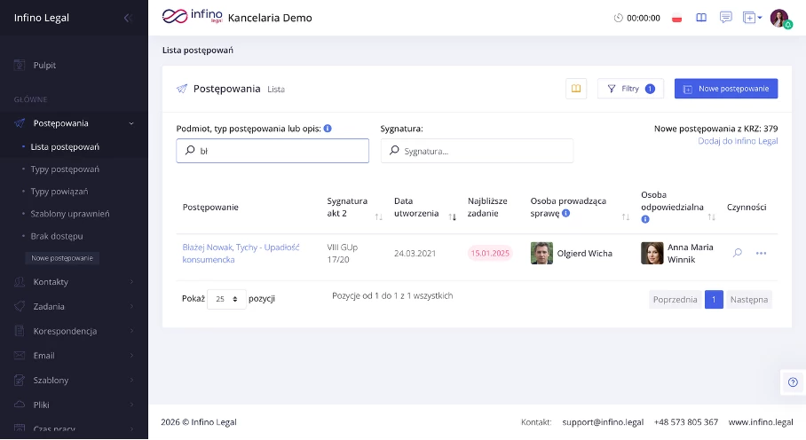 Wyszukiwarka tekstowa na liście postępowań w Infino Legal (podmiot, typ postępowania, opis).