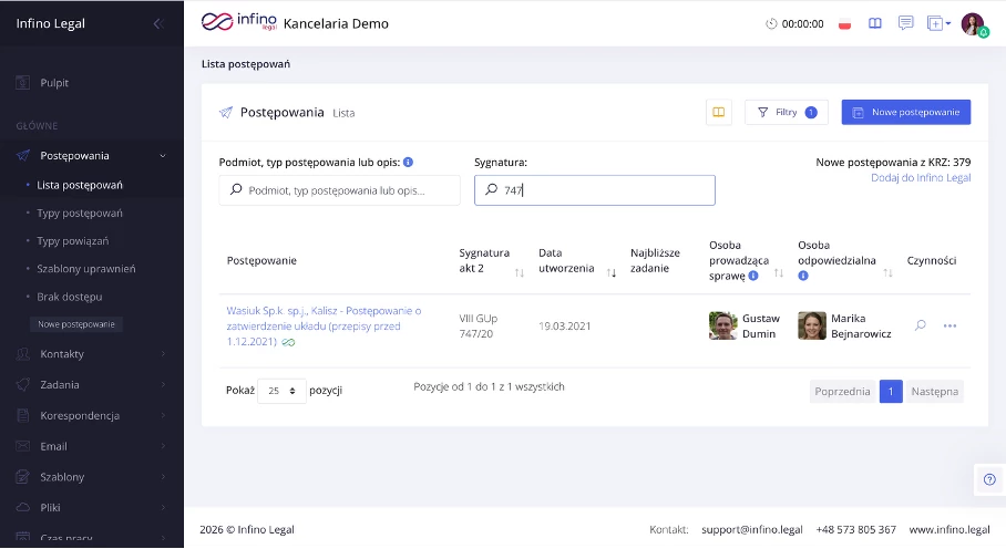 Wyszukiwanie postępowania po sygnaturze akt w Infino Legal.