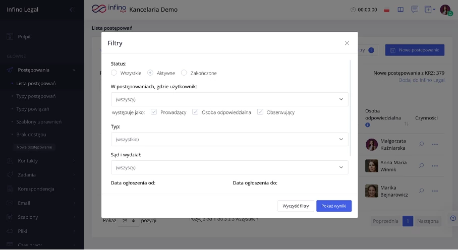 Panel filtrowania listy postępowań w Infino Legal (status, typ, użytkownik, daty, sąd).