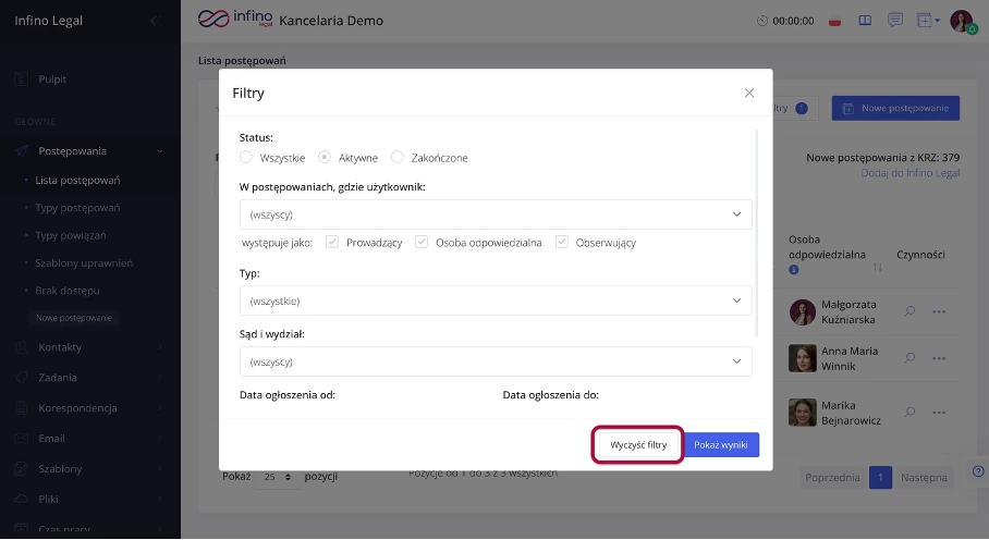 Panel filtrów z przyciskiem „Wyczyść filtry” w Infino Legal.