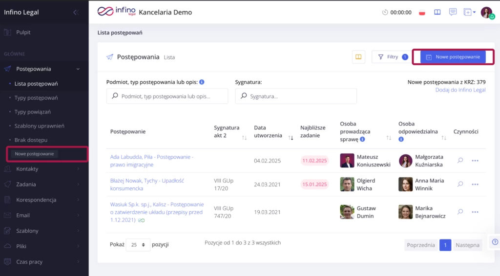 Lista postępowań w Infino Legal z przyciskiem „Nowe postępowanie”.
