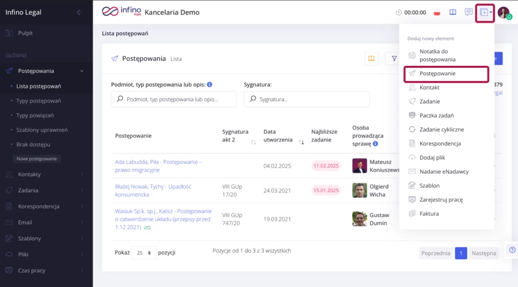 Okno wyboru sposobu utworzenia postępowania w Infino Legal (np. KRZ, PISP, wprowadzenie ręczne).