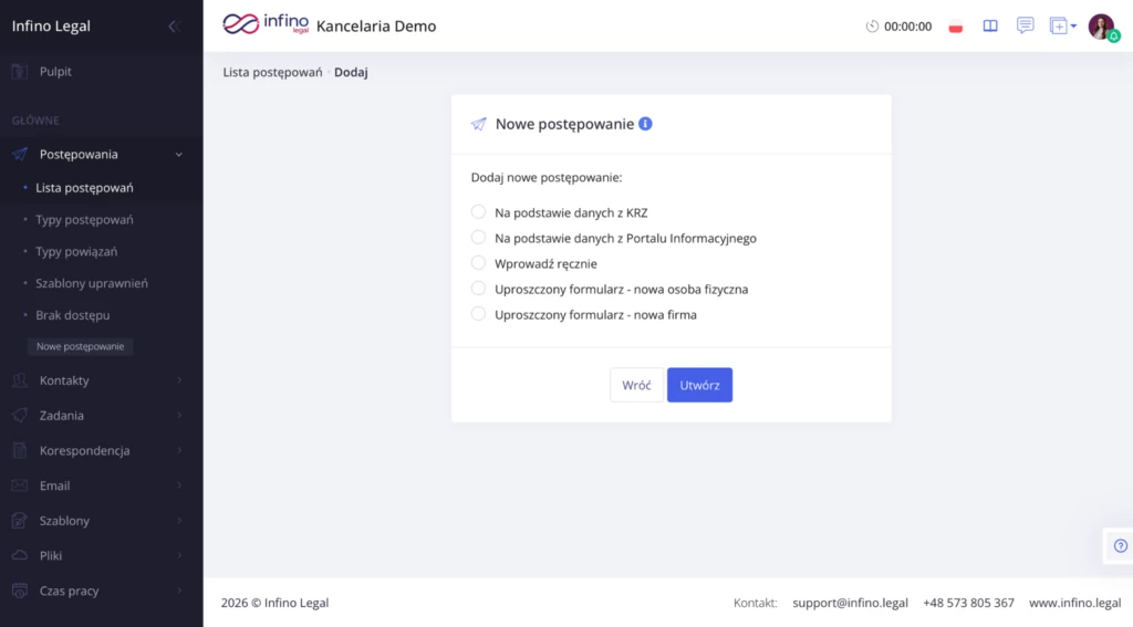 Lista postępowań z KRZ w Infino Legal z możliwością wyboru sprawy.