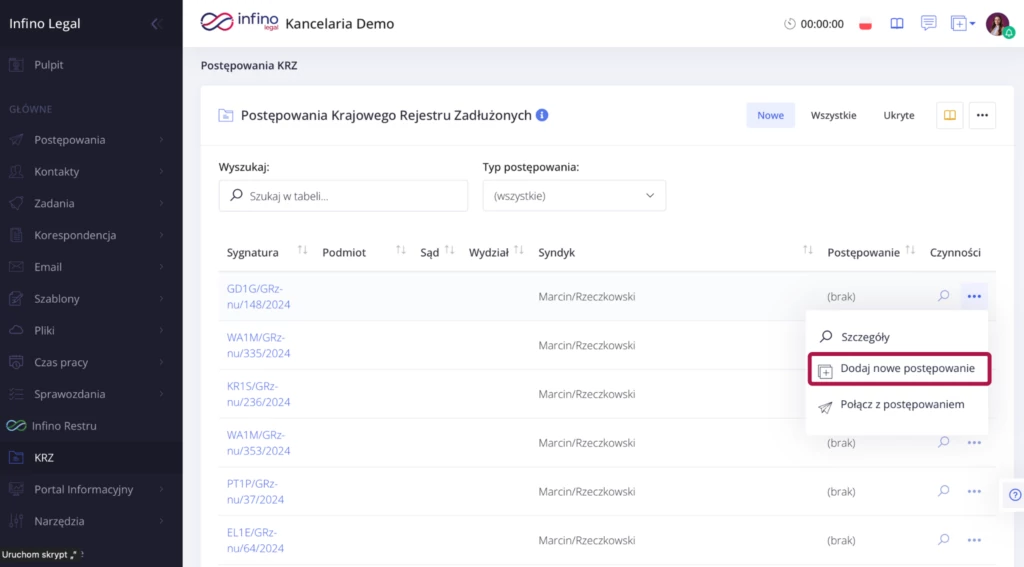 Widok wyboru postępowania z KRZ do dodania w Infino Legal.