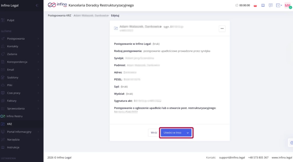 Podsumowanie danych pobranych z KRZ w Infino Legal przed połączeniem/utworzeniem postępowania w Infino.