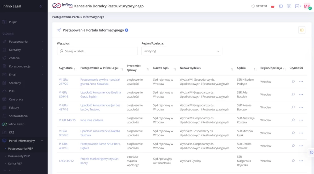 Lista postępowań z Portalu Informacyjnego Sądów Powszechnych (PISP) w Infino Legal.