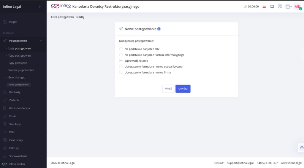 Ekran wyboru sposobu wprowadzenia postępowania w Infino Legal z opcją „Wprowadź ręcznie”.