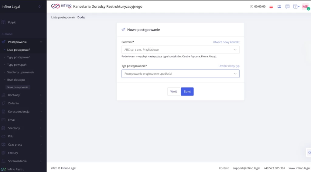 Formularz ręcznego tworzenia postępowania w Infino Legal (podstawowe dane i typ postępowania).