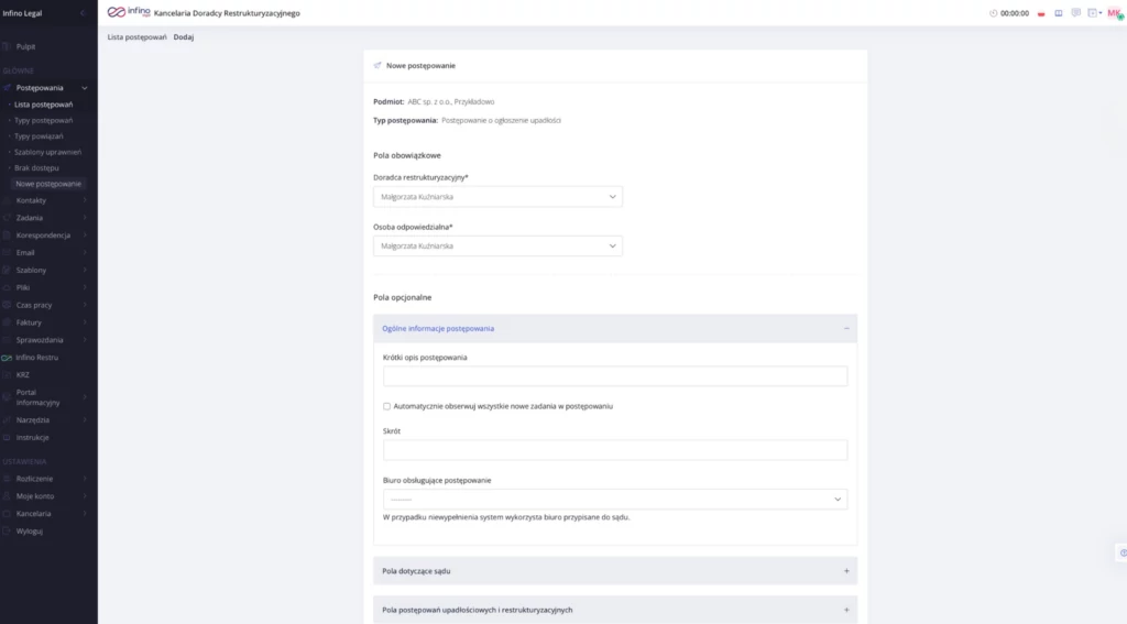 Formularz postępowania w Infino Legal z dodatkowymi polami zależnymi od typu postępowania.