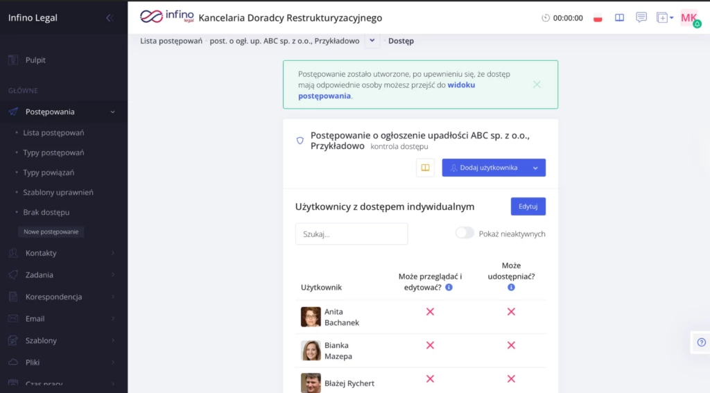 Ekran po założeniu postępowania w Infino Legal – nadanie dostępów do postępowania dla użytkowników.