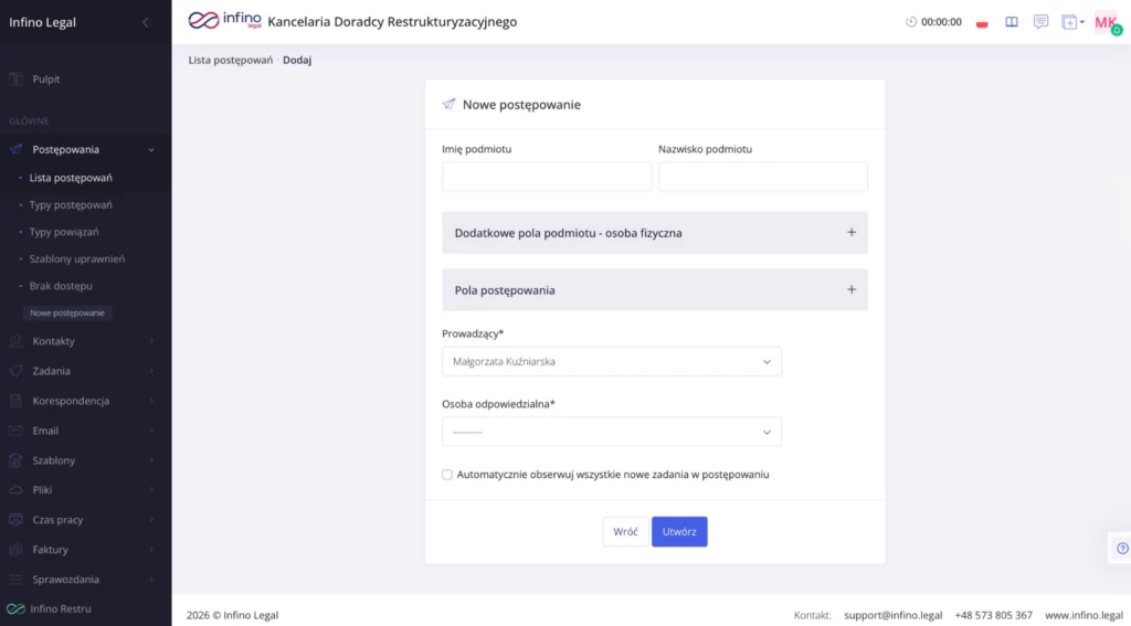 Uproszczony formularz utworzenia postępowania w Infino Legal dla osoby fizycznej.