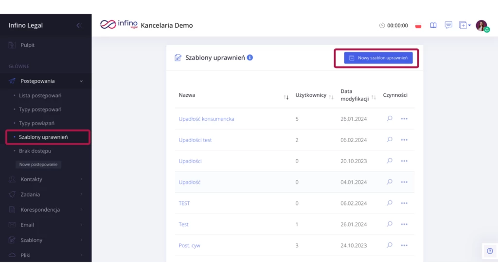 Infino Legal – ekran „Szablony uprawnień” z listą szablonów i przyciskiem „Nowy szablon uprawnień”.
