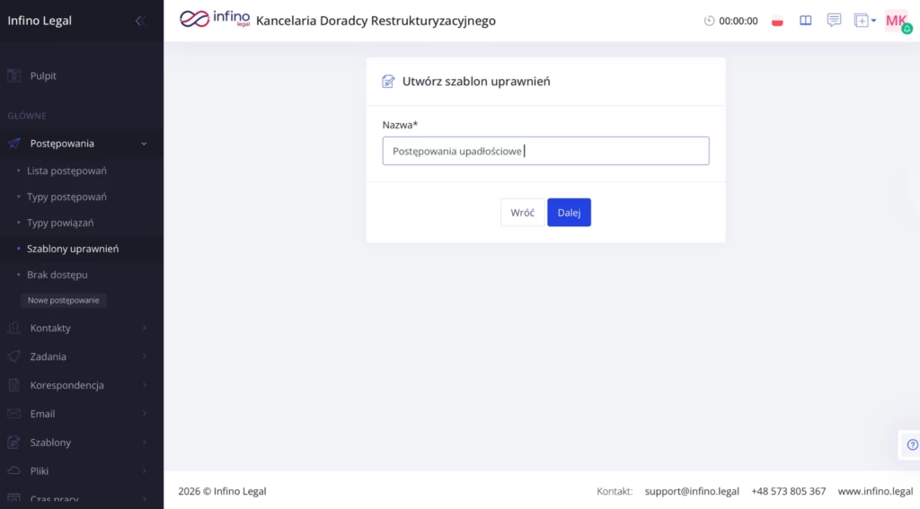 Formularz tworzenia szablonu uprawnień z polem nazwy szablonu.