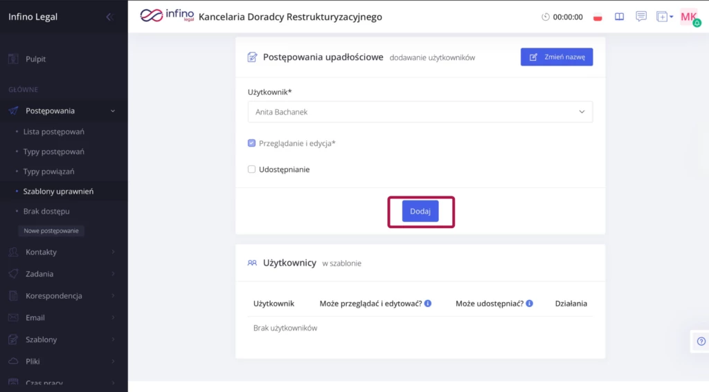 Edycja szablonu uprawnień – przycisk „Dodaj” do dodania użytkownika.