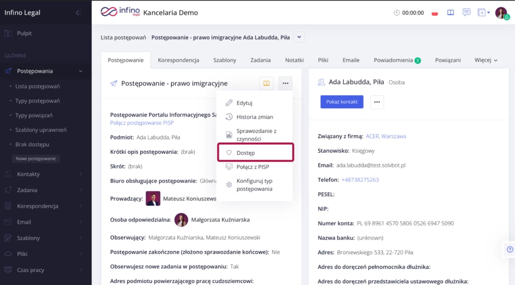 Lista użytkowników przypisanych do szablonu uprawnień w Infino Legal.