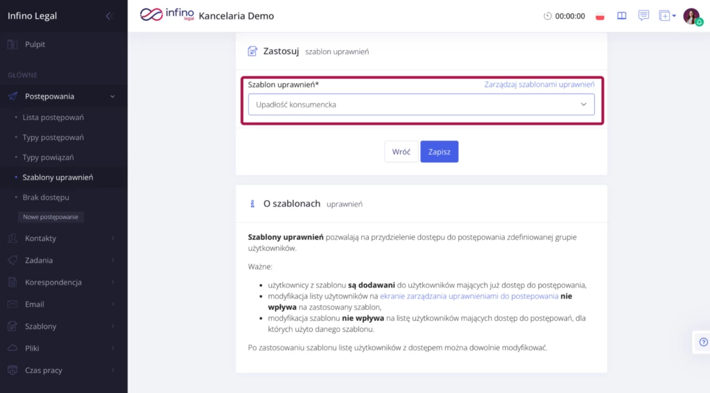 Sekcja dodawania użytkownika z opcją „Zastosuj szablon uprawnień”.
