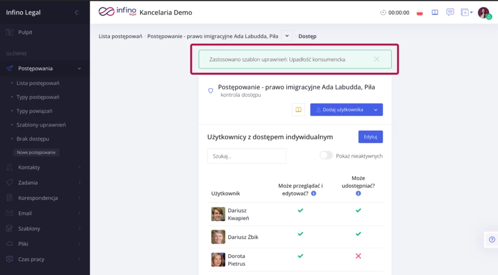 Lista dostępu do postępowania po zastosowaniu szablonu uprawnień z widocznymi użytkownikami.