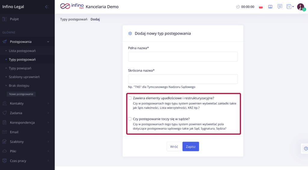 Formularz dodawania typu postępowania w Infino Legal z ustawieniami elementów restrukturyzacyjnych i sądowych.