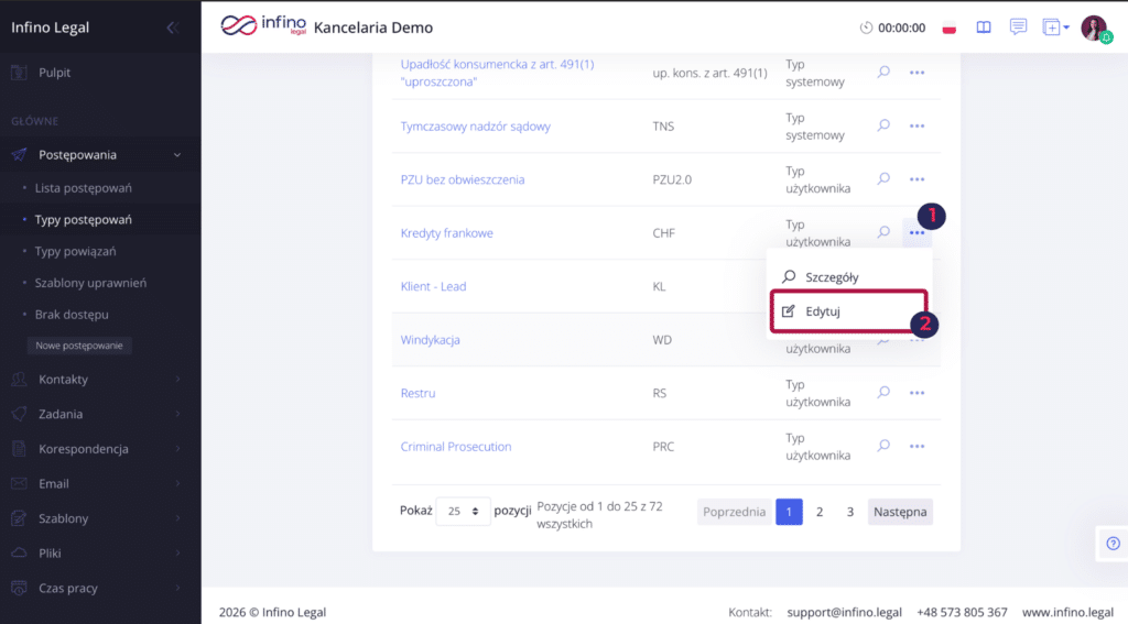 Lista typów postępowań w Infino Legal z menu trzech kropek i opcją „Edytuj”.