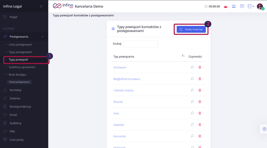 Infino Legal – ekran „Typy powiązań” z listą ról oraz przyciskiem „Dodaj nowy typ”.