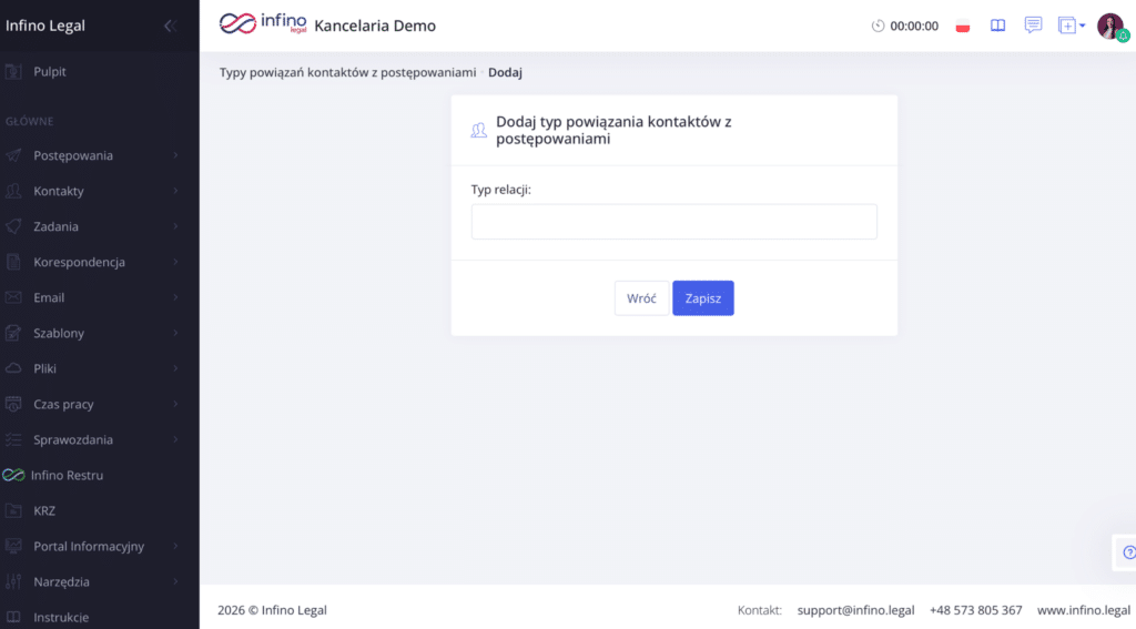 Infino Legal – formularz dodawania typu powiązania z polem „Typ relacji” i przyciskiem „Zapisz”.