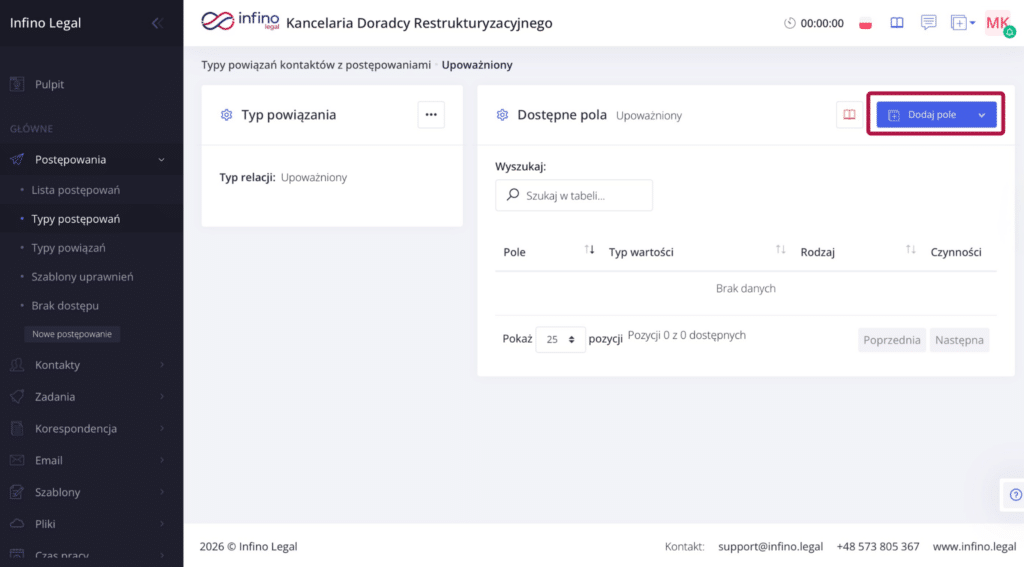 Infino Legal – widok typu powiązania z sekcją „Dostępne pola” i przyciskiem „Dodaj pole”.