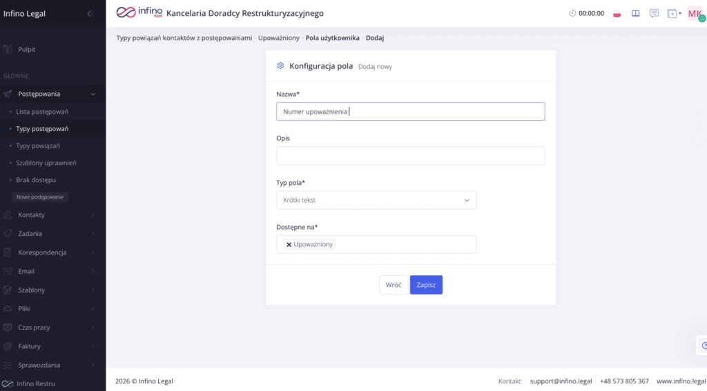 Infino Legal – formularz „Konfiguracja pola” dla typu powiązania: nazwa, opis, typ pola oraz „Dostępne na”.