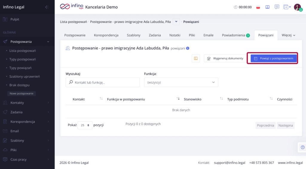 Infino Legal – zakładka „Powiązani” w postępowaniu z przyciskiem „Powiąż z postępowaniem”.