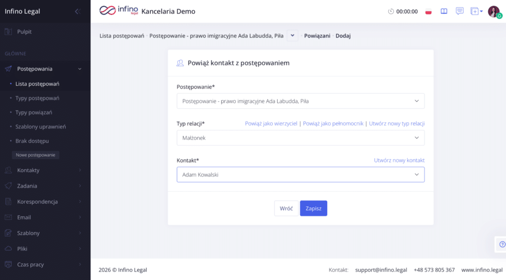 Infino Legal – formularz „Powiąż kontakt z postępowaniem”: wybór typu relacji i kontaktu oraz przycisk „Zapisz”.