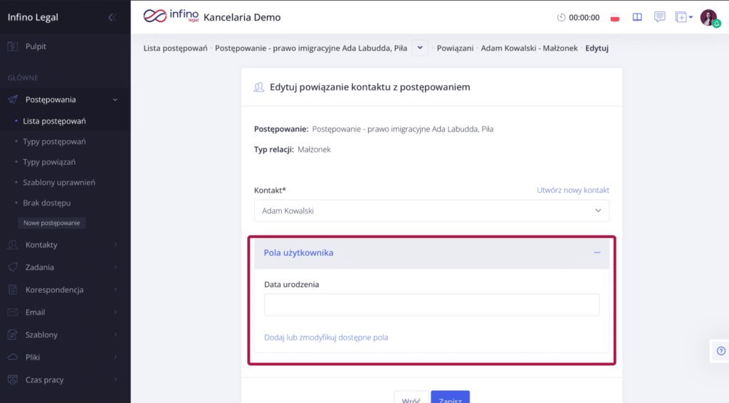 Infino Legal – edycja powiązania kontaktu z postępowaniem z sekcją „Pola użytkownika” (dane relacji).